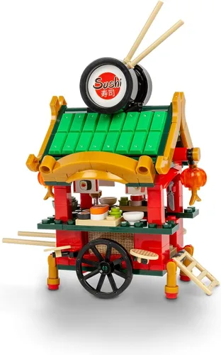 Vista 2 de Brick Loot Mini City - Juego de construcción de carrito de sushi, 268 piezas, modelo de camión de comida japonesa para niños a partir de 6 años
