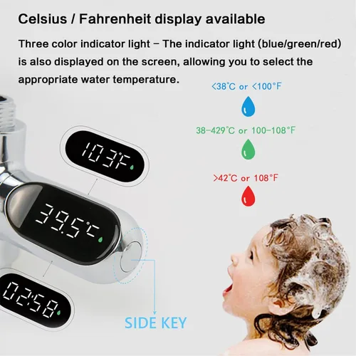 Vista 4 de Termómetro de ducha de lectura instantánea para baño, termómetro de temperatura del agua con pantalla digital LED de 360°, pantalla giratoria