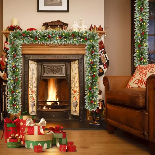 Vista 6 de Guirnalda de Navidad, Guirnalda de Navidad con Luces, Decoración de Navidad, 9 pies/2.7M, para Repisa de Chimenea, Hogar, Escaleras, Chimenea, Verde