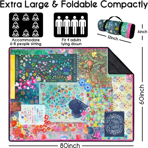 Vista 2 de Mantas de picnic impermeables, plegables, extra grandes, 80 x 60 pulgadas, manta de playa para exteriores, impermeable, a prueba de arena, 3 capas