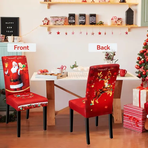Vista 7 de 6 PCS Christmas Dining Chair Covers, Stretch Removable Washable Dining Room Chair Protector Slipcovers, Santa Claus Deer Kitchen Chair Cover