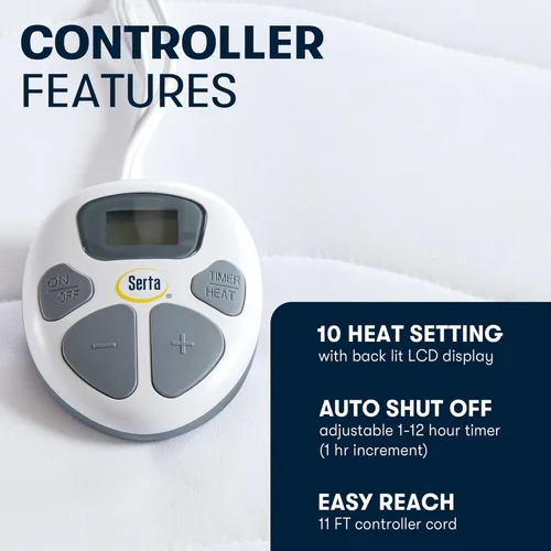 Vista 5 de Serta Protector de colchón térmico tamaño individual – Almohadilla de colchón eléctrica, controlador de 10 ajustes de calor, temporizador de apagado