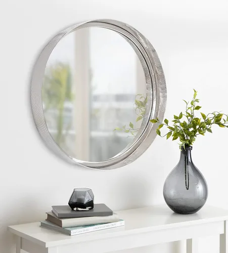 Vista 4 de Kate and Laurel Samana - Espejo redondo moderno con marco de metal, 24 pulgadas de diámetro, plata, decoración de pared glamorosa para cualquier