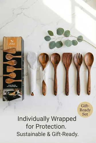Vista 7 de Juego de utensilios de cocina de madera de teca de 6 piezas, cucharas y espátulas de madera para utensilios de cocina antiadherentes, no tóxicos
