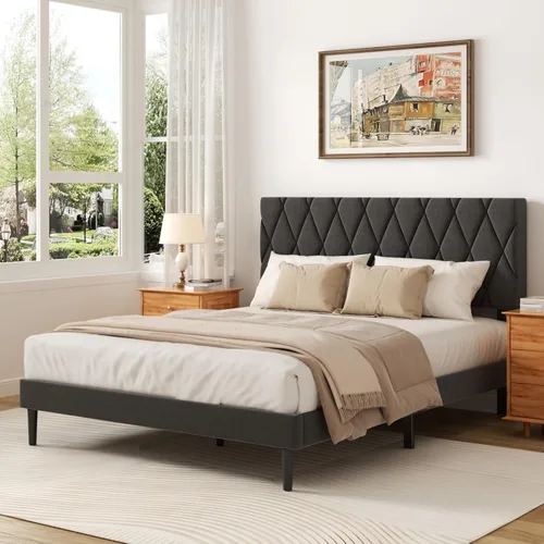 Vista 10 de CXVX Marco de cama tamaño completo con cabecera capitonada de diamante, cama plataforma tapizada en terciopelo y soporte de listones de madera, sin