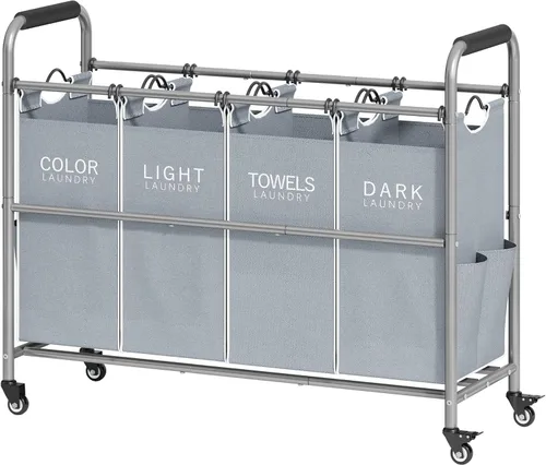 Vista 10 de Tajsoon Carrito clasificador de ropa sucia de 4 bolsas, clasificador de cestas de lavandería de 4 secciones con ruedas enrollables resistentes