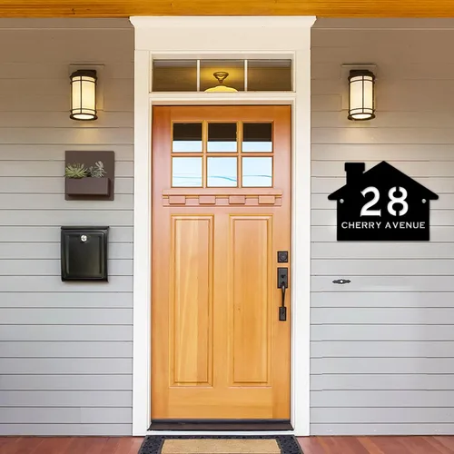 Vista 4 de Letrero de número de casa con forma de casa contemporánea personalizada con números y nombre de calle, placa de forma de casa, placa de dirección