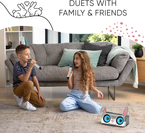 Vista 2 de Máquina de karaoke de conejo para niños, niños y niños pequeños con 2 micrófonos inalámbricos Bluetooth, sistema de altavoces PA portátil que