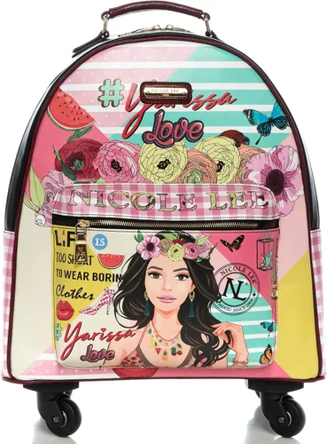 Equipaje de mochila rodante con 4 ruedas giratorias y compartimento electrónico, Yarissa, Equipaje de mochila rosa rodante con 4 ruedas giratorias y