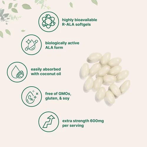 Vista 3 de R Ácido alfa lipoico 600 mg con aceite de coco, 120 cápsulas blandas Forma activa altamente biodisponible Suplemento ALA para antioxidantes