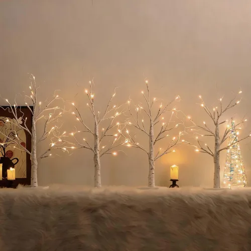 Vista 9 de Árbol de abedul blanco con luces LED, árbol de abedul iluminado para mesa, funciona con 24 luces LED USB o pilas, árbol blanco cálido, mini