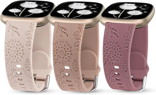 Vista 6 de Minyee Paquete de 3 correas grabadas florales compatibles con Fitbit Versa 4/Versa 3/Sense 2/Sense Band para mujer, lindo diseño de flores de diente