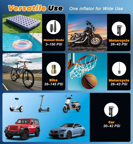 Vista 7 de Compresor de aire portátil para inflado de neumáticos, batería recargable de inflado rápido de 150 PSI 4X y adaptador de CC de 12 V bomba de aire