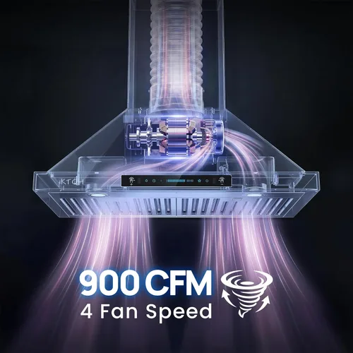 Vista 2 de IKTCH Campana extractora negra de 30 pulgadas para montaje en pared, 900 CFM con canalizado/sin conductos, campana de ventilación de acero