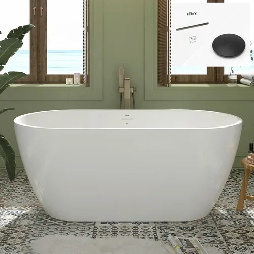 Vista 15 de FerdY Bañera independiente de acrílico Bali de 47 pulgadas, bañera independiente con forma elegante, certificado cUPC, drenaje dorado cepillado