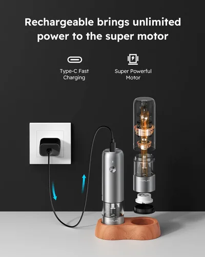Vista 3 de FORLIM Mini Molinillo Eléctrico de Sal y Pimienta con Base de Madera, Recargable por USB, Pequeño Molinillo Automático de Sal y Pimienta