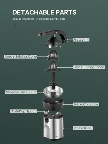Vista 6 de Exprimidor eléctrico profesional de cítricos de acero inoxidable cepillado, 2 conos intercambiables para naranja, limón y pomelo, fácil de limpiar