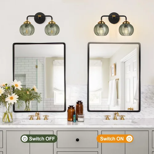 Vista 5 de MOKATNG Lámparas de baño, 2 luces de tocador de color verde claro con pantalla de vidrio con textura de hoja única, moderna lámpara de pared de baño