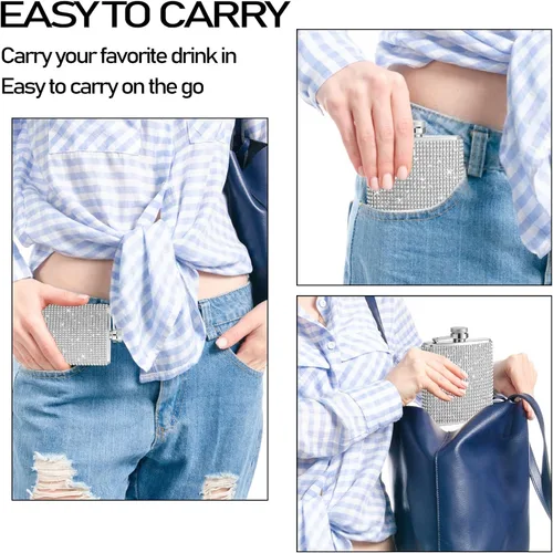 Vista 4 de Diamond - Frascos de cadera de acero inoxidable con purpurina a prueba de fugas con embudo, frasco de cadera con diamantes de imitación, lindo