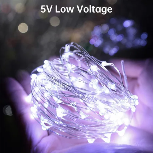 Vista 6 de Blingstar Guirnalda de luces blancas frías de Navidad, paquete de 2 tiras de 100 luces LED de 33 pies, alimentadas por USB, alambre plateado, luces