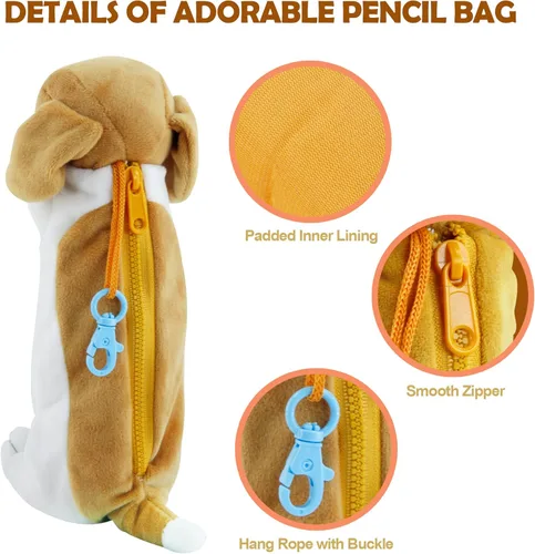 Vista 3 de BB FUN HOUSE Estuche para lápices para niños, bolsa de lápices de peluche 3D con forma de perro y dinosaurio, bolsa suave de almacenamiento