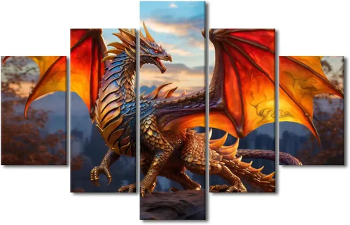 Vista 98 de Lienzo decorativo para pared de sala de estar, lienzo de dragón, 5 paneles, dragón verde, decoración de pared para el hogar, decoración de pared