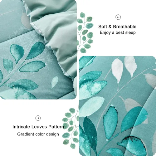 Vista 5 de Anibedding Juego de edredón Aqua tamaño Queen, 7 piezas de hojas botánicas reversibles de microfibra suave en una bolsa con juego de sábanas