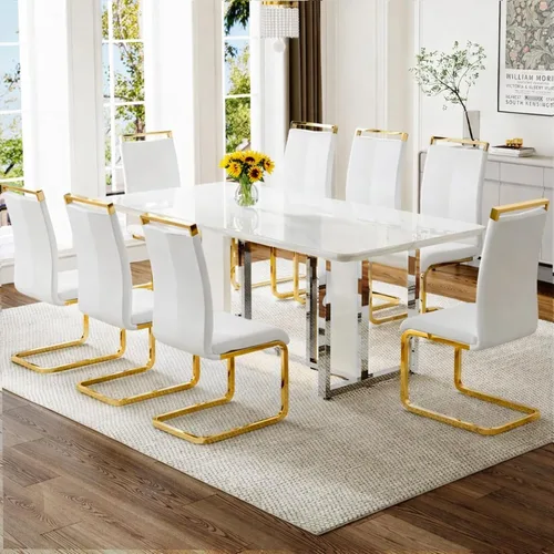 Vista 50 de Juego de mesa de comedor MEMUY de 160 cm para 4 personas, juego de mesa de comedor blanco para 4, juego de mesa y sillas de comedor de mármol