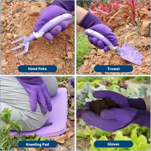 Vista 4 de Juego de herramientas de jardín morado de 10 piezas, herramientas de mano de aleación de aluminio y acero con mango ergonómico antideslizante, bolsa