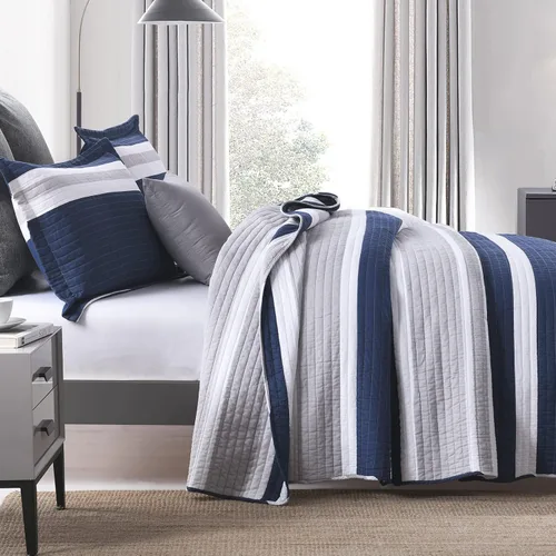 Vista 3 de SahSahCasa Juego de edredón tamaño King, 100% algodón, edredón azul marino, juego de ropa de cama King, edredón reversible ligero a rayas para cama