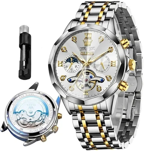 Vista 16 de OLEVS Relojes automáticos para hombre, reloj mecánico de lujo con cuerda automática, Tourbillon, reloj de esqueleto, reloj de negocios con diamantes