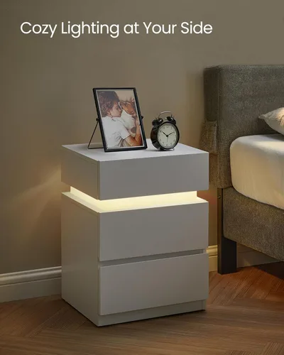 Vista 6 de VASAGLE Mesita de noche con luces LED, colores de luz ajustables, mesa de noche, mesa auxiliar con 3 cajones, estilo moderno, 13.8 x 15.7 x 21.7