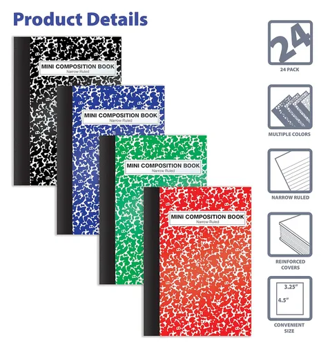 Vista 3 de Better Office Products Mini libros de composición, paquete de 24, 4.5 x 3.25 pulgadas, 80 hojas, rayas estrechas, cubiertas de mármol en rojo, azul