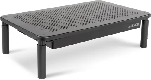 Allsop Metal Art Soporte de tres niveles, para monitores de 27", 14.5" X 9.25" X 4.13" a 5.75", negro, soporta 30 libras