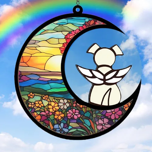 Vista 18 de Regalos conmemorativos colgantes para perros por pérdida de perro, ángel blanco en arco iris, luna, perro, acrílico, bebida, adornos para decoración