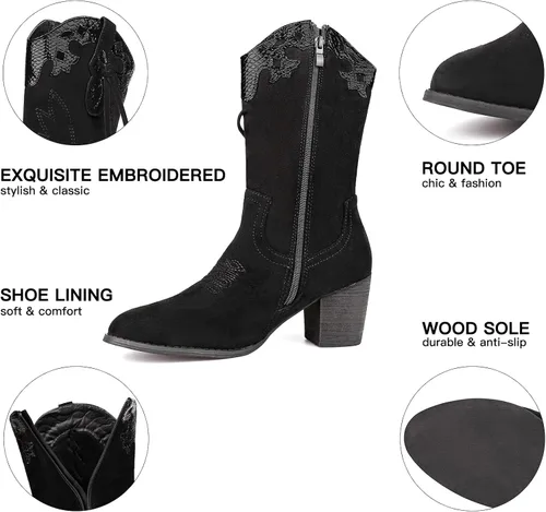 Vista 5 de SHIBEVER Botas vaqueras vaqueras para mujer botas occidentales negras para mujer, tacón alto, gamuza, cremallera, media pantorrilla