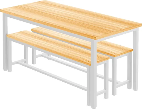 Vista 9 de DKLGG Juego de mesa de comedor para 4, mesa de cocina de 47.2 pulgadas con 2 bancos, juego de mesa de comedor de granja de 3 piezas, comedor que