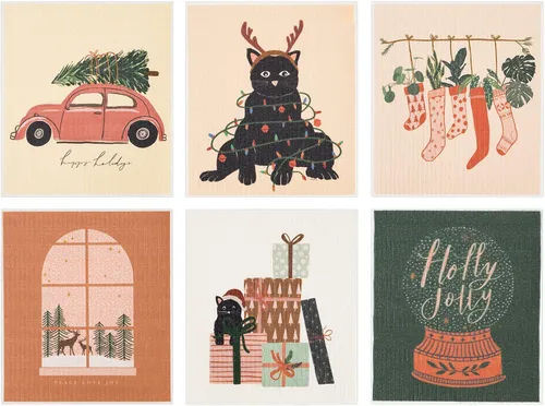 Whaline 6 paños de cocina suecos de Navidad, bohemios, de Navidad, reutilizables, lavables, de algodón, suecos, para Navidad, invierno, vacaciones,