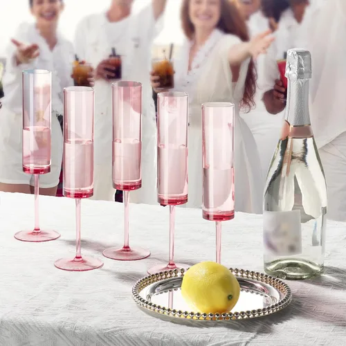 Vista 5 de Copas de champán acrílicas de 5.4 onzas reutilizables para brindis de boda, copas de champán cuadradas, copas de vino para novia, fiestas, Rosa