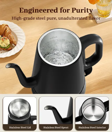 Vista 5 de Hervidor eléctrico de cuello de cisne de 1 litro, 1000 W de ebullición rápida para verter café y té, acero inoxidable 304 sin BPA, boquilla de flujo