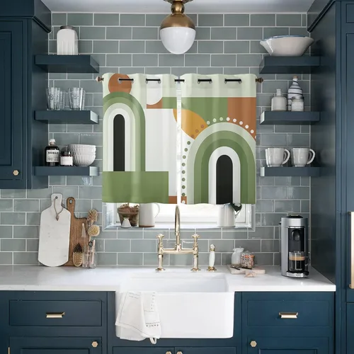 Vista 8 de Libaoge Curtains Panels for Kitchen Mid-Century Modern Art Geometric Abstract Green Window Curtains Light Filtering Grommet Top Drapes for Bedroom