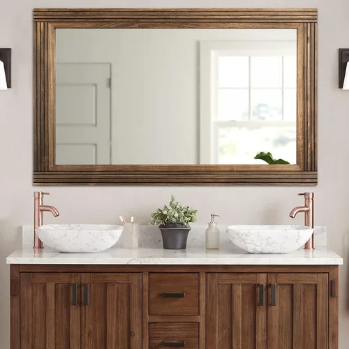 Vista 11 de YOSHOOT - Espejo de pared de madera empalmada hecha a mano para baño, espejo de tocador rústico estilo granja, arte de pared de decoración, marco