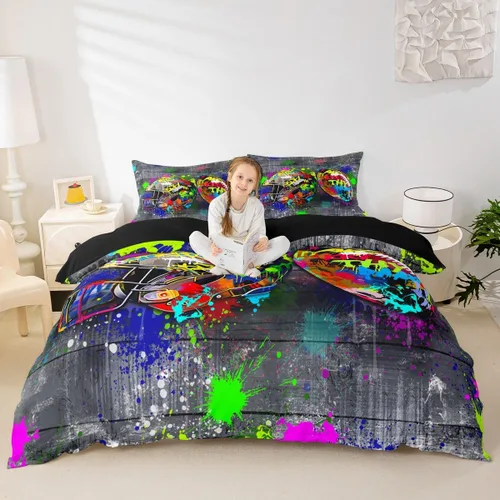 Erosebridal Graffiti Rugby Ball Duvet Cover Colorful Rugby Helmet Bedding Set,Sports Bed Cover Football Game Bed Set Twin