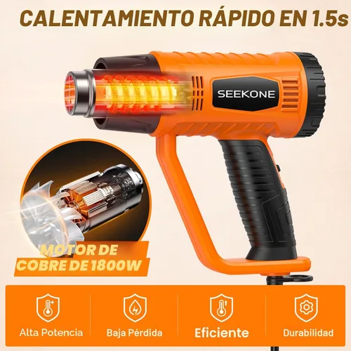Vista 2 de SEEKONE Pistola de calor de 1800 W, kit de pistola de aire caliente de calor rápido resistente con ajustes de doble temperatura de 752 ℉ y 1112 ℉