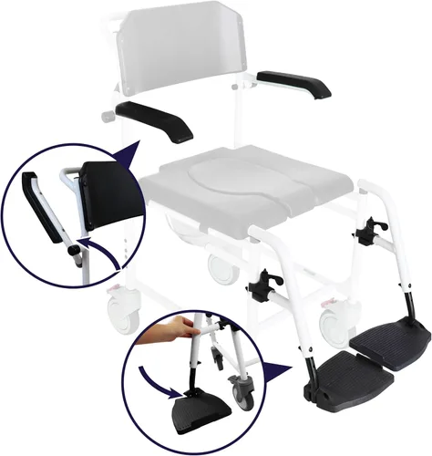 Vista 4 de KMINA Silla de ducha con ruedas para personas mayores (versión 2.0 con frenos mejorados), silla con ruedas ajustable y cómoda, color negro