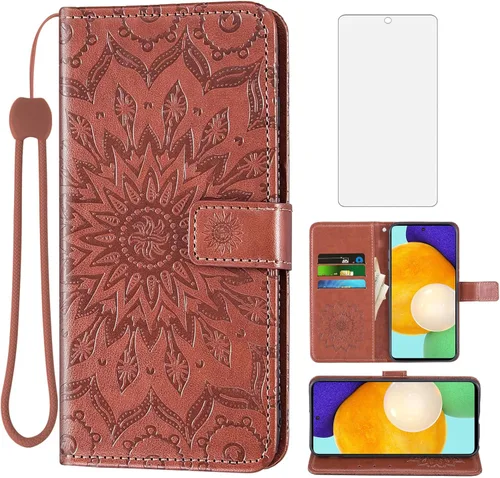 Vista 13 de Funda de teléfono para Samsung Galaxy A52 5G/4G con protector de pantalla de vidrio templado y funda delgada de cuero, soporte para tarjetas