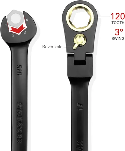 Vista 6 de STARWORK TRUE MECHANIC Juego de llaves de trinquete reversibles de cabeza flexible de 120 dientes, juego de llaves de trinquete combinadas