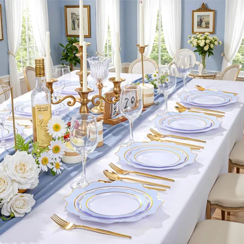 Vista 6 de WDF 100 piezas de platos de plástico azul - Platos desechables azul claro - Platos de plástico con borde festoneado resistente