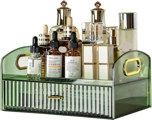 Cosmetics Organizer Dresser Vintage Striped Makeup Organizer with Drawers Spacious Cosmetic Display Case for Vanity Bathroom Desk Storage Make Up