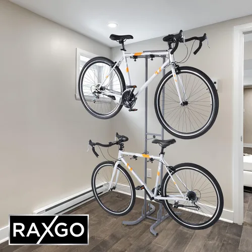 Vista 7 de RaxGo Estante de almacenamiento de garaje para bicicletas, soporte de piso de garaje para 2 bicicletas, independiente, ganchos ajustables
